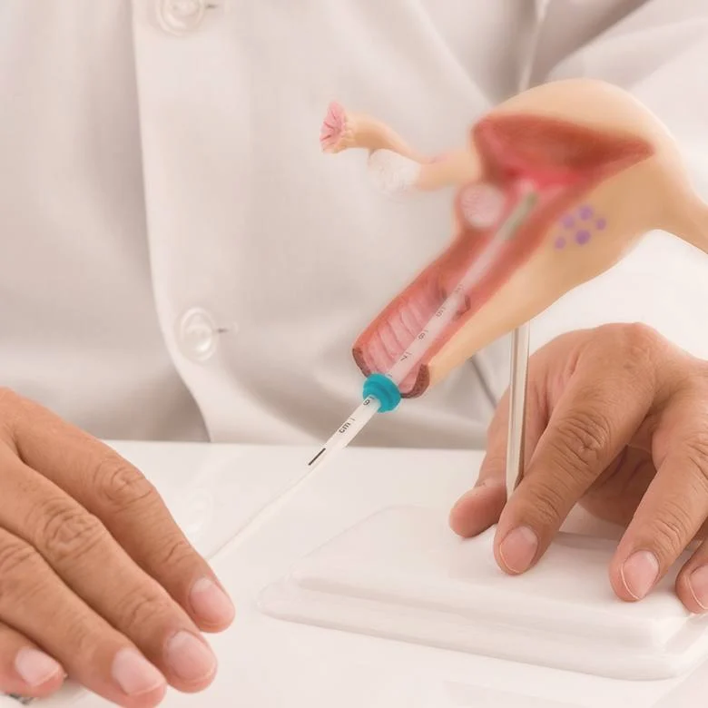 model of the female reproductive system with a hand demonstrating intrauterine insemination technique