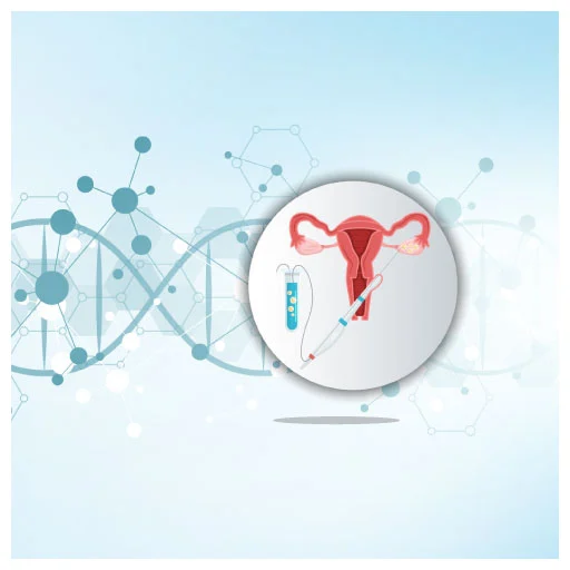 Illustration of IUI procedure with uterus and syringe against a DNA background.