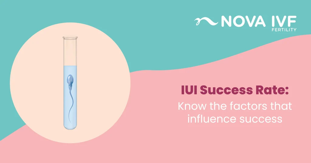 test tube with sperm in blue liquid, promoting IUI success rate and factors influencing fertility.