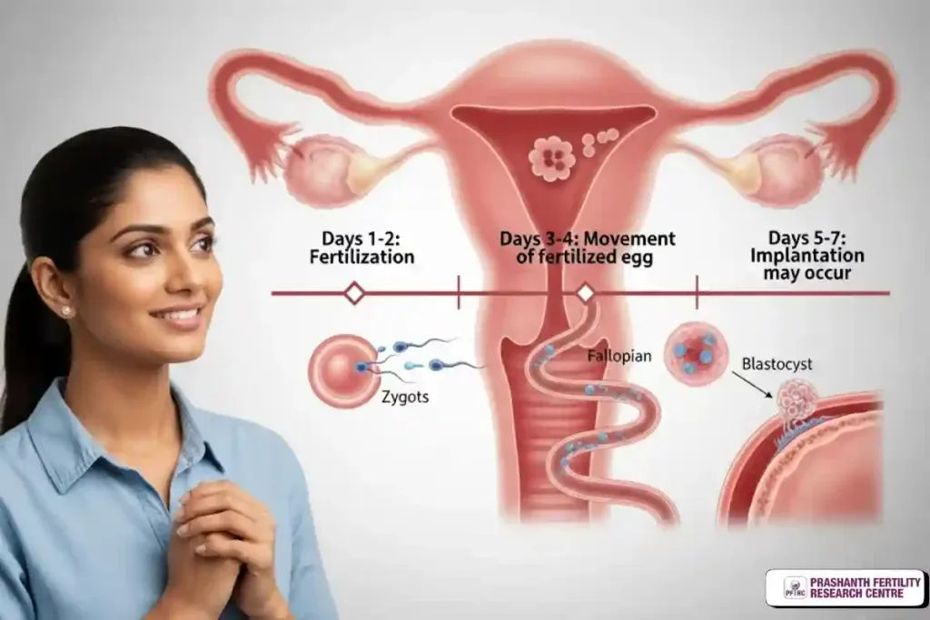 Illustration showing fertilization and implantation timeline with a woman looking hopeful.
