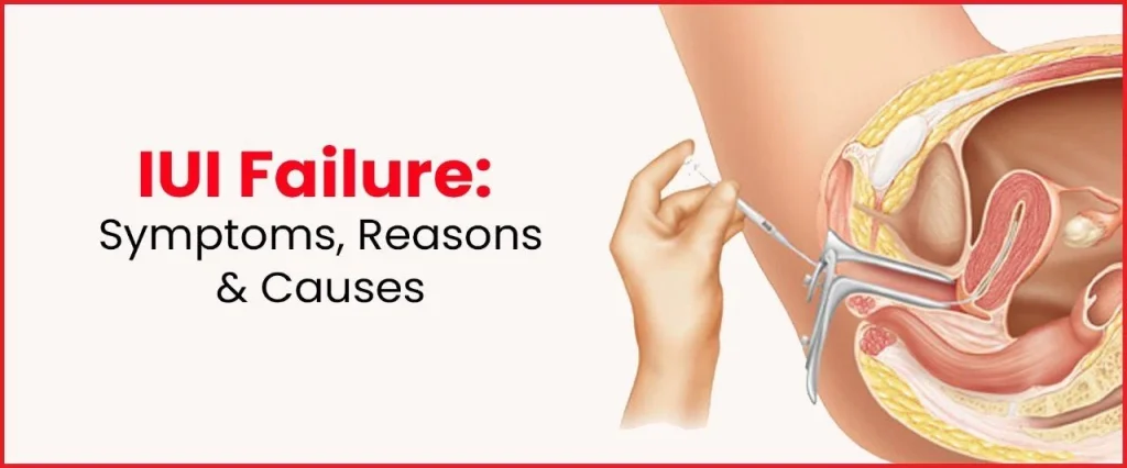 illustration of IUI procedure with text on symptoms, reasons, and causes of IUI failure